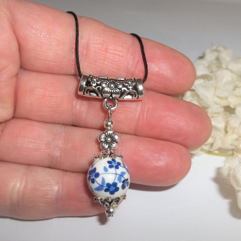 Necklace, Pendant, Blue Necklace, Flower Necklace, Blue Flower Necklace, 8011 - Picture 6 of 9